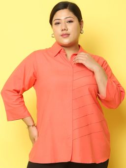 theRebelinme - Plus Size Women's Coral Solid Color Linen Casual Shirt