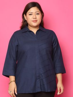 theRebelinme - Plus Size Women's Navy Blue Solid Color Linen Casual Shirt