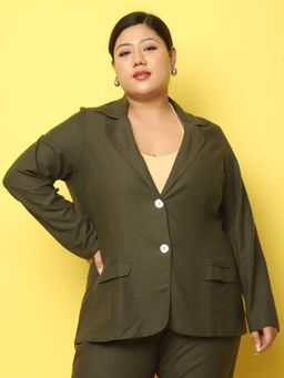theRebelinme - Plus Size Women's Olive Solid Color Knitted Linen Blazer