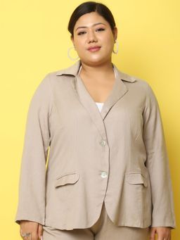 theRebelinme - Plus Size Women's Beige Solid Color Knitted Linen Blazer