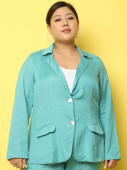 theRebelinme - Plus Size Women's Teal Solid Color Knitted Linen Blazer
