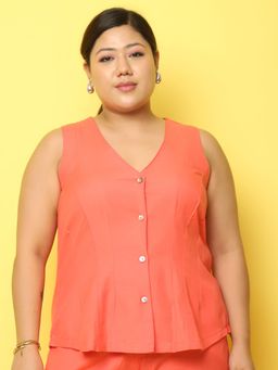 theRebelinme - Plus Size Women's Coral Solid Color Linen Waistcoat