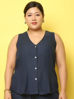theRebelinme - Plus Size Women's Navy Blue Solid Color Linen Waistcoat