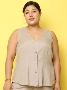 theRebelinme - Plus Size Women's Beige Solid Color Linen Waistcoat