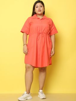 theRebelinme - Plus Size Women's Coral Solid Color Linen Knee Length Dress
