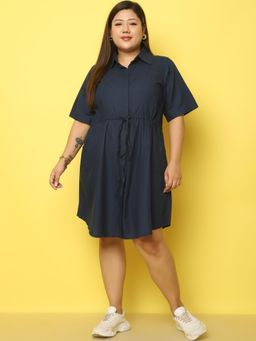 theRebelinme - Plus Size Women's Navy Blue Solid Color Linen Midi Dress