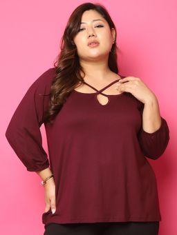 theRebelinme - Plus Size Women's Maroon Solid Color Knitted Regular Top