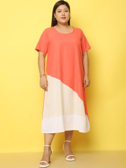 theRebelinme - Plus Size Women's Coral Color Block Linen Midi Dress