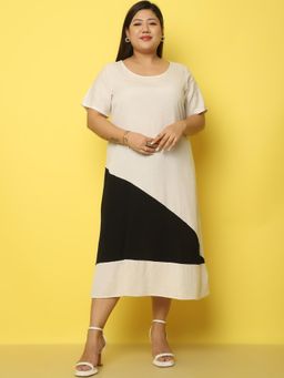 theRebelinme - Plus Size Women's Off White Color Block Linen Midi Dress