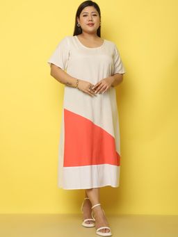 theRebelinme - Plus Size Women's Beige Color Block Linen Midi Dress