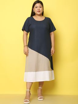theRebelinme - Plus Size Women's Navy Blue Color Block Linen Midi Dress