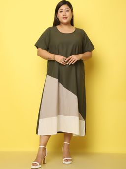 theRebelinme - Plus Size Women's Olive Color Block Linen Midi Dress