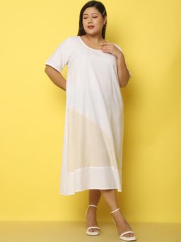 theRebelinme - Plus Size Women's White Color Block Linen Midi Dress