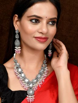 Silvermerc Designs - Silver Plated Pink & Artificial Stone Studded Jewellery (Set of 2)