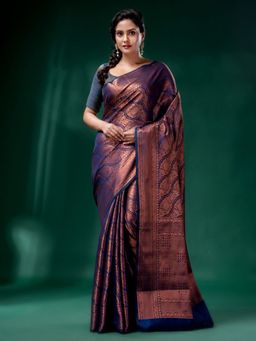CHARUKRITI - Blue & Copper Blended Silk Brocade Handwoven Soft Saree with Unstitched Blouse