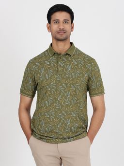 JadeBlue - Mens Green Cotton Slim Fit Printed Polo Shirt