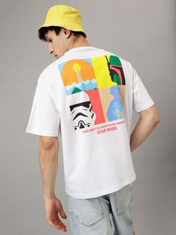 Free Authority - Star Wars Printed Loose Fit White Cotton Men T-Shirt