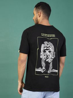 RIGO - Men Black Jersey Oversized Printed Half Sleeves T-Shirt