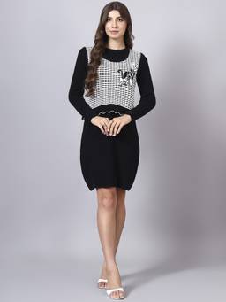 MODKLINE WITH MK - Women’S Black Knit Dress with Detachable Flower Front Vest