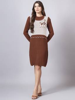 MODKLINE WITH MK - Women’S Brown Knit Dress with Detachable Flower Front Vest