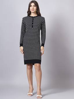 MODKLINE WITH MK - Women'S Black Checkered Design with Acrylic Wool Knitted Dress
