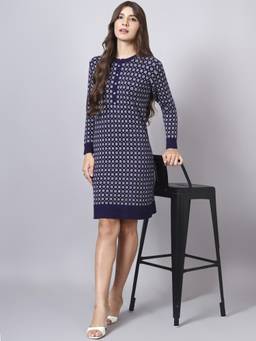 MODKLINE WITH MK - Women'S Blue Checkered Design with Acrylic Wool Knitted Dress