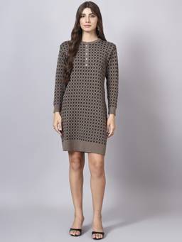 MODKLINE WITH MK - Women'S Grey Checkered Design with Acrylic Wool Knitted Dress