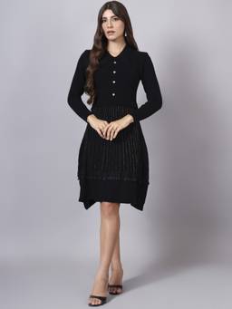 MODKLINE WITH MK - Women'S Black Self Design Design with Acrylic Wool Knitted Dress