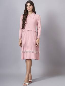 MODKLINE WITH MK - Women'S Pink Self Design Design with Acrylic Wool Knitted Dress