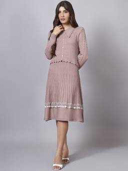 MODKLINE WITH MK - Women'S Pink Self Design Design with Acrylic Wool Knitted Dress