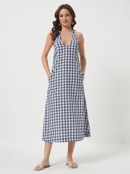 SHEWEST - Women'S Blue Checks Halter Neck Dress