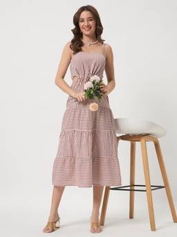 SHEWEST - Women'S Stripes Print Midi Dress