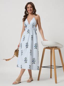 SHEWEST - Women'S Blue Floral Halter Neck Dress