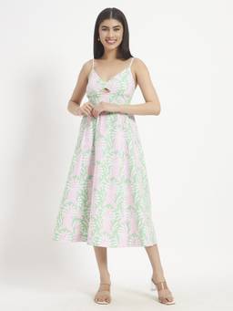 SHEWEST - Women'S Green Printed Regular Fit Midi Dress