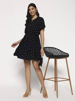 SHEWEST - Women'S Black Floral Printed Fit and Flare Mini Dress