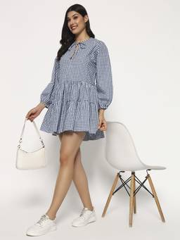 SHEWEST - Women'S Blue Gingham Checked Fit and Flare Mini Dress