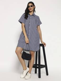 SHEWEST - Women'S Blue Gingham Shirt Style Fit and Flare Dress
