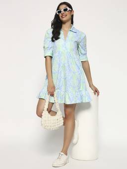 SHEWEST - Women'S Blue Floral Printed Fit and Flare Mini Dress