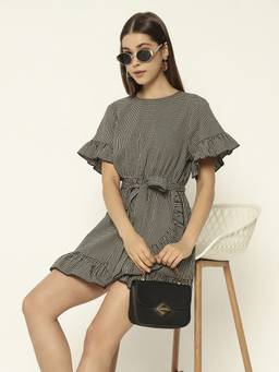 SHEWEST - Women'S Black Printed Slim Fit Mini Dress with Belt