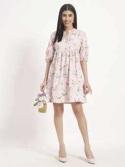 SHEWEST - Women'S Pink Printed Regular Fit Mini Dress