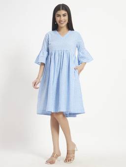 SHEWEST - Women'S Blue Checks Regular Fit Mini Dress