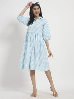 SHEWEST - Women'S Turquoise Blue Striped Regular Fit Midi Dress