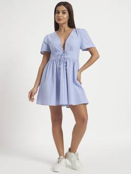 SHEWEST - Women'S Blue Striped Fit and Flare Mini Dress