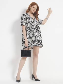 SHEWEST - Women'S Black Monochrome Printed Dress