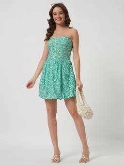 SHEWEST - Women's Green Floral Print Short Dress