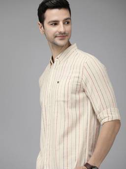 The Bear House - Men Beige Slim Striped Linen Casual Shirt