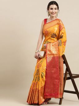 Vastranand - Yellow & Red Floral Zari Silk Blend Kanjeevaram Saree with Unstitched Blouse