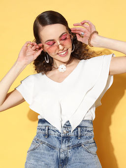 AAREIN - Women Classic White Solid Feminine Frills Top