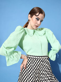 AAREIN - Green Seersucker Self Design Zoom Friendly Collar Top