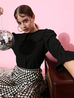 AAREIN - Black Self Design Zoom Friendly Collar Top